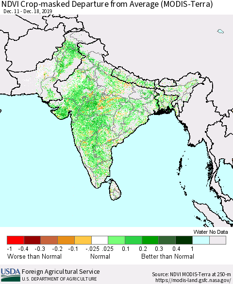 Southern Asia NDVI Crop-masked Departure from Average (MODIS-Terra) Thematic Map For 12/11/2019 - 12/20/2019