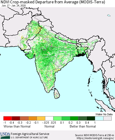 Southern Asia NDVI Crop-masked Departure from Average (MODIS-Terra) Thematic Map For 1/21/2020 - 1/31/2020