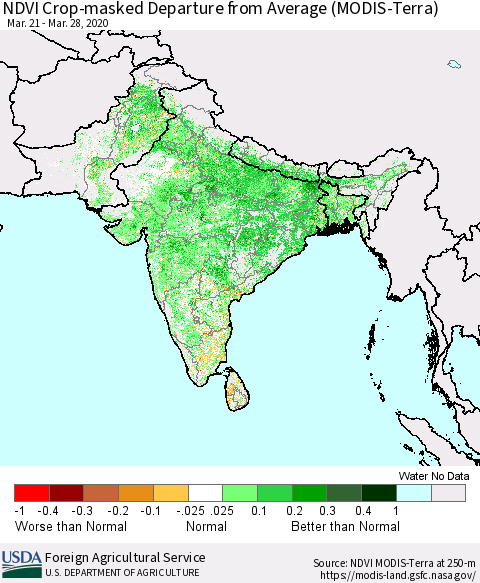 Southern Asia NDVI Crop-masked Departure from Average (MODIS-Terra) Thematic Map For 3/21/2020 - 3/31/2020