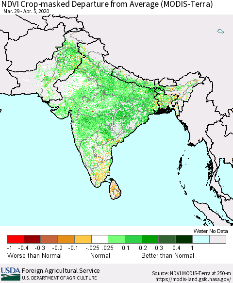 Southern Asia NDVI Crop-masked Departure from Average (MODIS-Terra) Thematic Map For 4/1/2020 - 4/10/2020