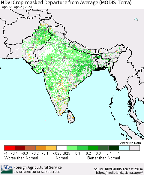 Southern Asia NDVI Crop-masked Departure from Average (MODIS-Terra) Thematic Map For 4/21/2020 - 4/30/2020