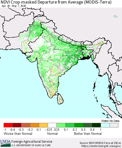 Southern Asia Cropland NDVI Departure from Average (Terra-MODIS) Thematic Map For 5/1/2020 - 5/10/2020