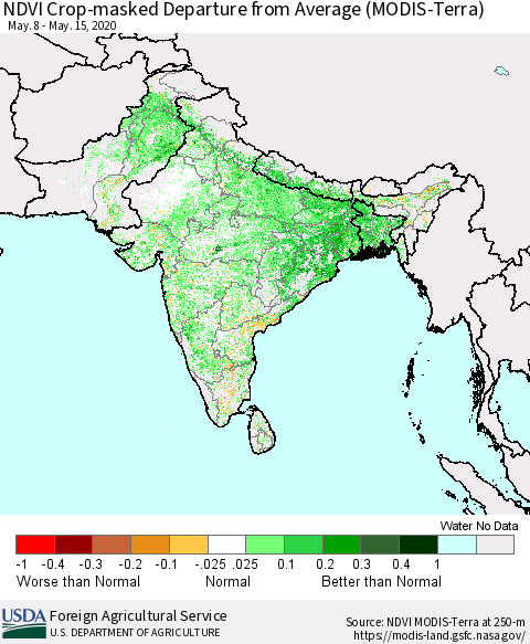 Southern Asia NDVI Crop-masked Departure from Average (MODIS-Terra) Thematic Map For 5/11/2020 - 5/20/2020