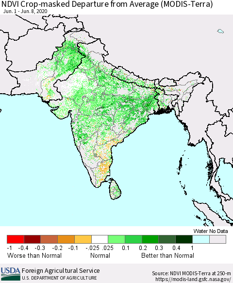 Southern Asia NDVI Crop-masked Departure from Average (MODIS-Terra) Thematic Map For 6/1/2020 - 6/10/2020