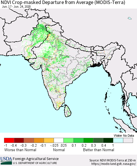 Southern Asia NDVI Crop-masked Departure from Average (MODIS-Terra) Thematic Map For 6/21/2020 - 6/30/2020