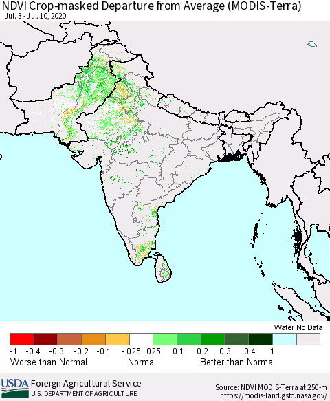 Southern Asia NDVI Crop-masked Departure from Average (MODIS-Terra) Thematic Map For 7/1/2020 - 7/10/2020