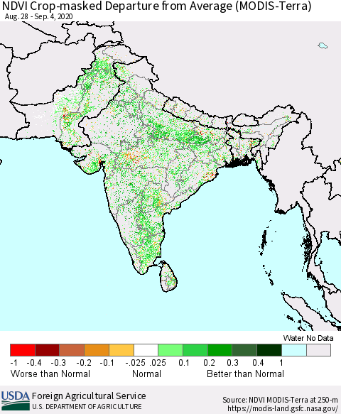 Southern Asia NDVI Crop-masked Departure from Average (MODIS-Terra) Thematic Map For 9/1/2020 - 9/10/2020