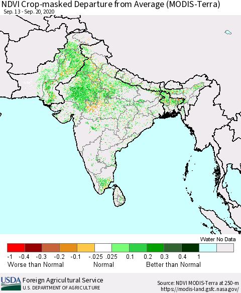 Southern Asia Cropland NDVI Departure from Average (Terra-MODIS) Thematic Map For 9/11/2020 - 9/20/2020