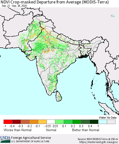 Southern Asia Cropland NDVI Departure from Average (Terra-MODIS) Thematic Map For 9/21/2020 - 9/30/2020