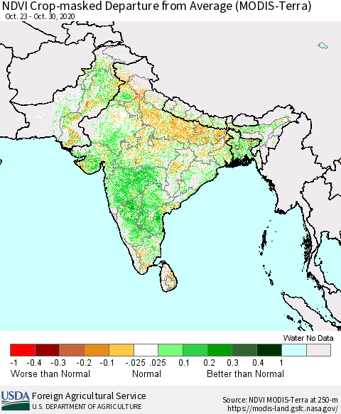 Southern Asia Cropland NDVI Departure from Average (Terra-MODIS) Thematic Map For 10/21/2020 - 10/31/2020