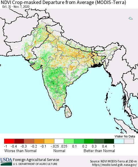 Southern Asia Cropland NDVI Departure from Average (Terra-MODIS) Thematic Map For 11/1/2020 - 11/10/2020