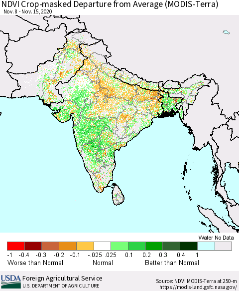 Southern Asia Cropland NDVI Departure from Average (Terra-MODIS) Thematic Map For 11/11/2020 - 11/20/2020