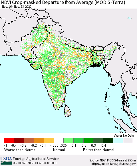 Southern Asia NDVI Crop-masked Departure from Average (MODIS-Terra) Thematic Map For 11/21/2020 - 11/30/2020