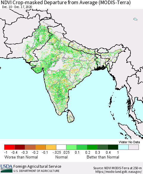 Southern Asia Cropland NDVI Departure from Average (Terra-MODIS) Thematic Map For 12/11/2020 - 12/20/2020