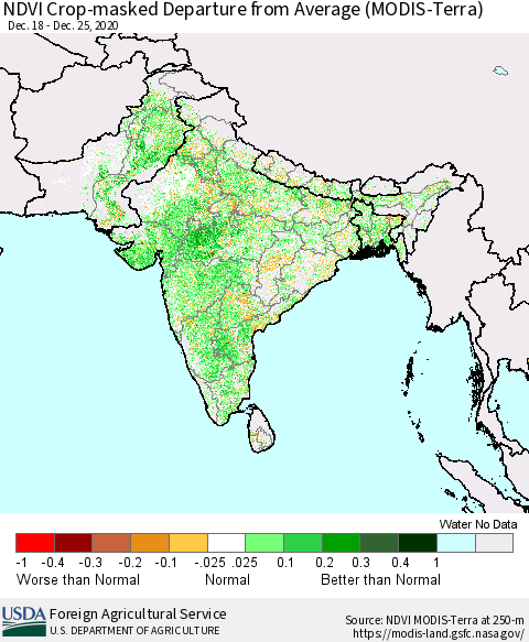 Southern Asia Cropland NDVI Departure from Average (Terra-MODIS) Thematic Map For 12/21/2020 - 12/31/2020