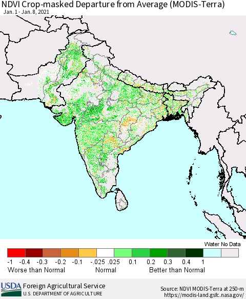 Southern Asia NDVI Crop-masked Departure from Average (MODIS-Terra) Thematic Map For 1/1/2021 - 1/10/2021