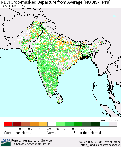 Southern Asia Cropland NDVI Departure from Average (Terra-MODIS) Thematic Map For 2/21/2021 - 2/28/2021