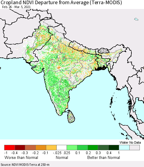 Southern Asia Cropland NDVI Departure from Average (Terra-MODIS) Thematic Map For 2/26/2021 - 3/5/2021