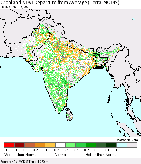Southern Asia Cropland NDVI Departure from Average (Terra-MODIS) Thematic Map For 3/6/2021 - 3/13/2021