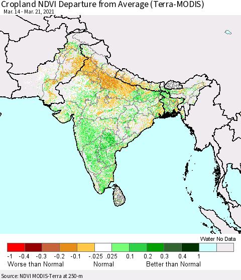 Southern Asia Cropland NDVI Departure from Average (Terra-MODIS) Thematic Map For 3/14/2021 - 3/21/2021