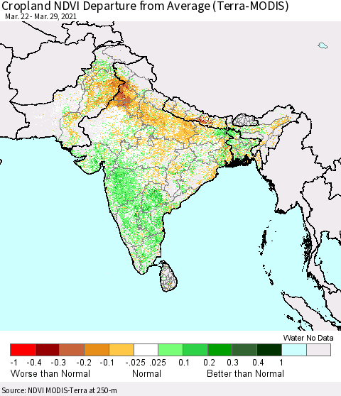 Southern Asia Cropland NDVI Departure from Average (Terra-MODIS) Thematic Map For 3/22/2021 - 3/29/2021