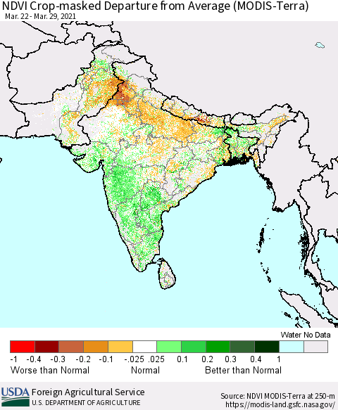 Southern Asia NDVI Crop-masked Departure from Average (MODIS-Terra) Thematic Map For 3/21/2021 - 3/31/2021