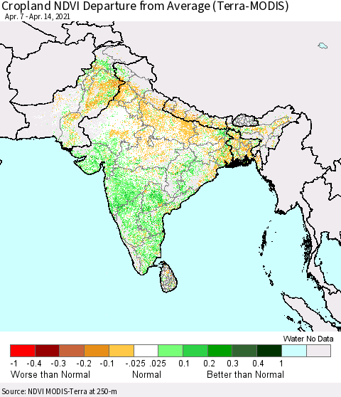 Southern Asia Cropland NDVI Departure from Average (Terra-MODIS) Thematic Map For 4/7/2021 - 4/14/2021