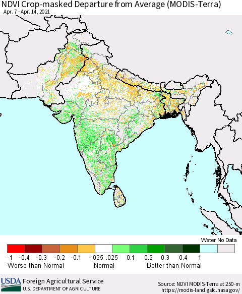 Southern Asia Cropland NDVI Departure from Average (Terra-MODIS) Thematic Map For 4/11/2021 - 4/20/2021