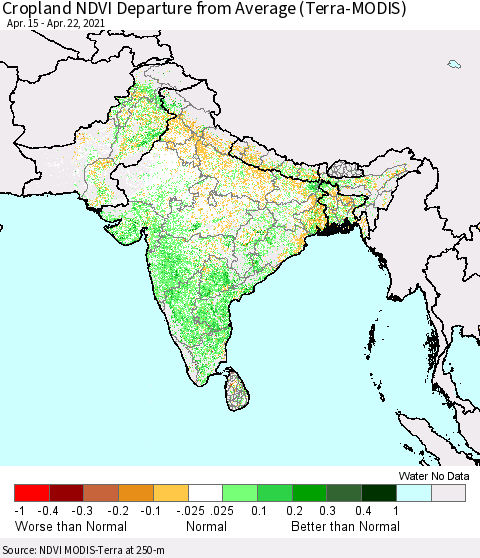 Southern Asia Cropland NDVI Departure from Average (Terra-MODIS) Thematic Map For 4/15/2021 - 4/22/2021