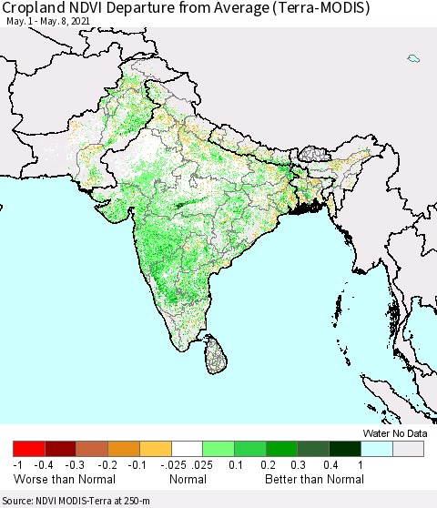 Southern Asia Cropland NDVI Departure from Average (Terra-MODIS) Thematic Map For 5/1/2021 - 5/8/2021