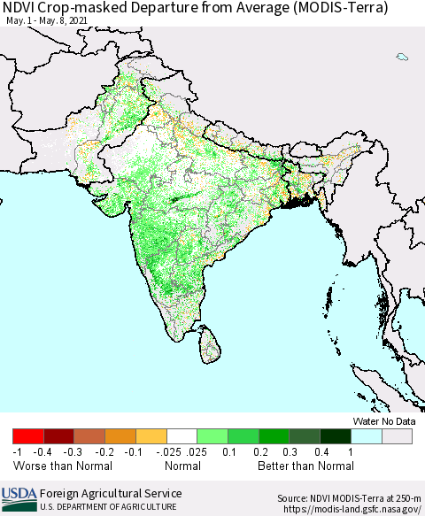 Southern Asia Cropland NDVI Departure from Average (Terra-MODIS) Thematic Map For 5/1/2021 - 5/10/2021