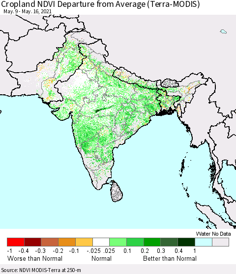 Southern Asia Cropland NDVI Departure from Average (Terra-MODIS) Thematic Map For 5/9/2021 - 5/16/2021