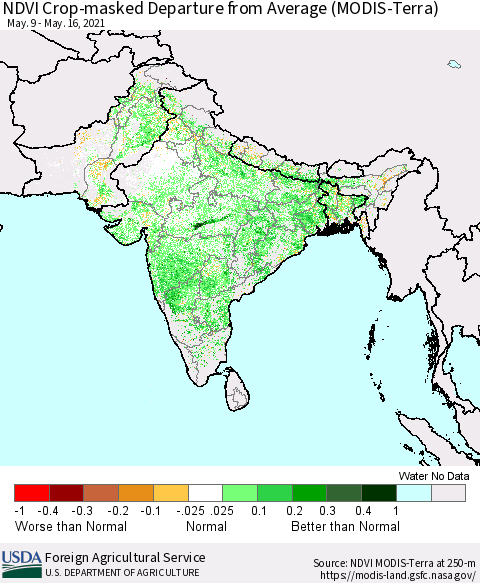 Southern Asia Cropland NDVI Departure from Average (Terra-MODIS) Thematic Map For 5/11/2021 - 5/20/2021