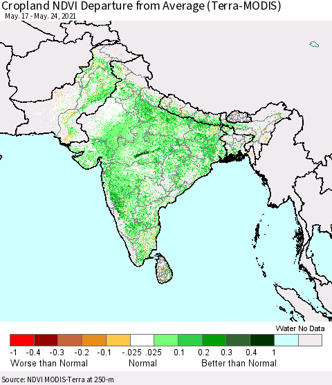 Southern Asia Cropland NDVI Departure from Average (Terra-MODIS) Thematic Map For 5/17/2021 - 5/24/2021