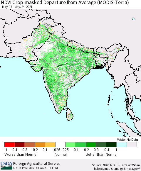 Southern Asia Cropland NDVI Departure from Average (Terra-MODIS) Thematic Map For 5/21/2021 - 5/31/2021