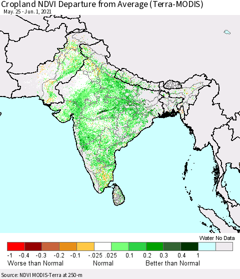 Southern Asia Cropland NDVI Departure from Average (Terra-MODIS) Thematic Map For 5/25/2021 - 6/1/2021