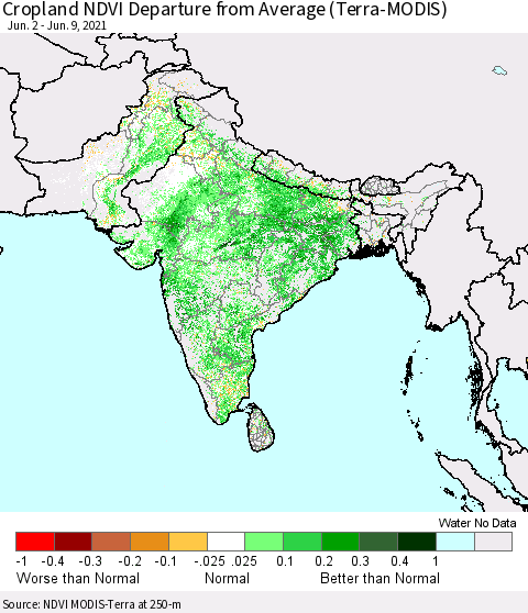 Southern Asia Cropland NDVI Departure from Average (Terra-MODIS) Thematic Map For 6/2/2021 - 6/9/2021