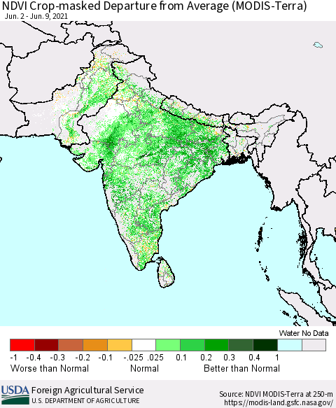 Southern Asia Cropland NDVI Departure from Average (Terra-MODIS) Thematic Map For 6/1/2021 - 6/10/2021