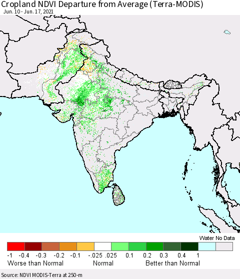 Southern Asia Cropland NDVI Departure from Average (Terra-MODIS) Thematic Map For 6/10/2021 - 6/17/2021
