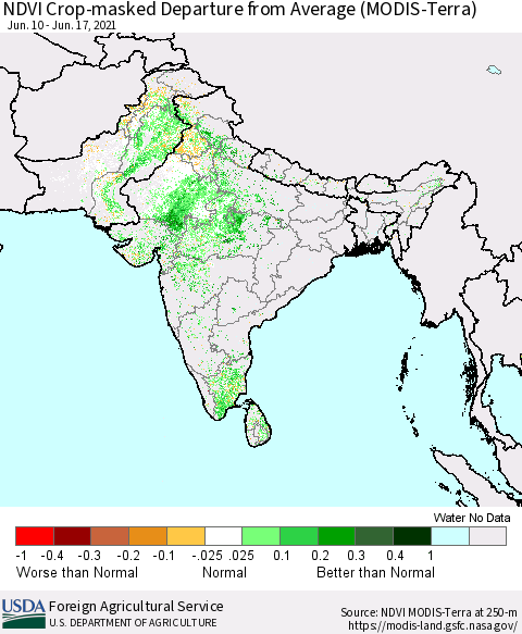 Southern Asia Cropland NDVI Departure from Average (Terra-MODIS) Thematic Map For 6/11/2021 - 6/20/2021