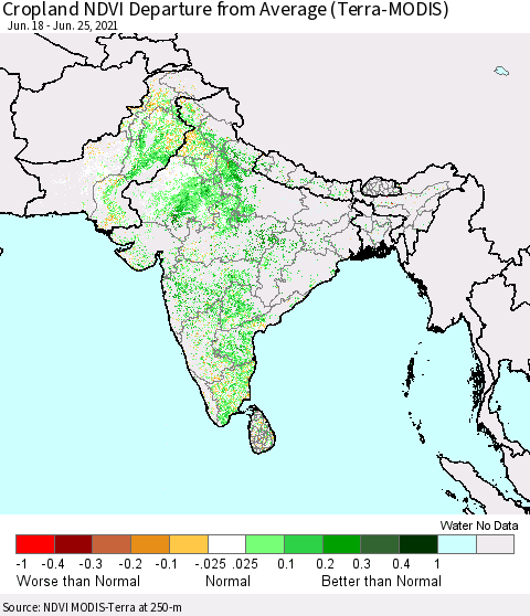 Southern Asia Cropland NDVI Departure from Average (Terra-MODIS) Thematic Map For 6/18/2021 - 6/25/2021