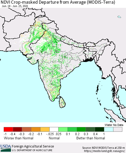 Southern Asia Cropland NDVI Departure from Average (Terra-MODIS) Thematic Map For 6/21/2021 - 6/30/2021