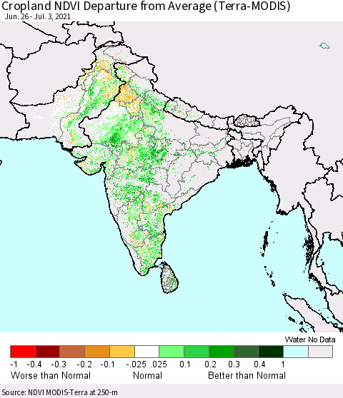 Southern Asia Cropland NDVI Departure from Average (Terra-MODIS) Thematic Map For 6/26/2021 - 7/3/2021