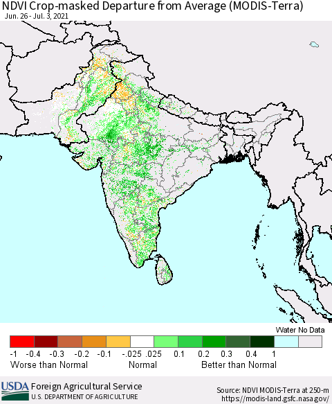 Southern Asia Cropland NDVI Departure from Average (Terra-MODIS) Thematic Map For 7/1/2021 - 7/10/2021