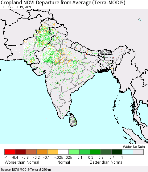 Southern Asia Cropland NDVI Departure from Average (Terra-MODIS) Thematic Map For 7/12/2021 - 7/19/2021