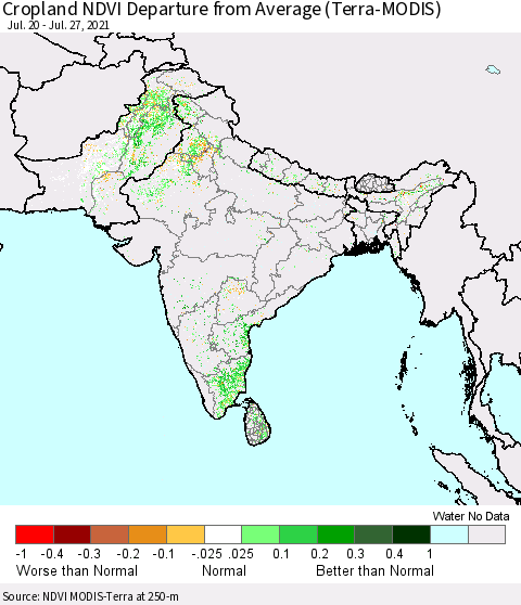 Southern Asia Cropland NDVI Departure from Average (Terra-MODIS) Thematic Map For 7/20/2021 - 7/27/2021