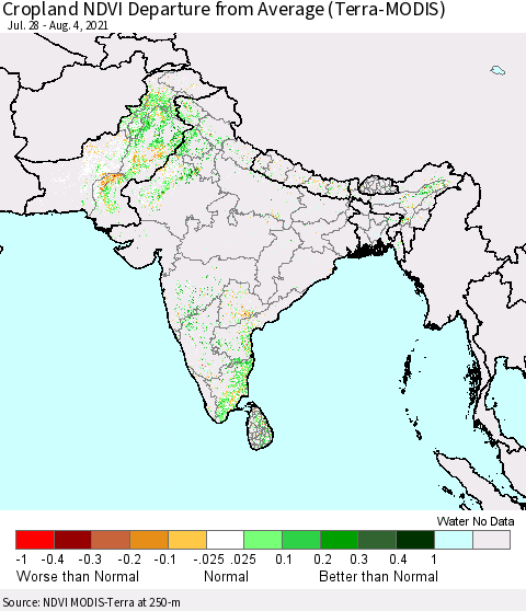 Southern Asia Cropland NDVI Departure from Average (Terra-MODIS) Thematic Map For 7/28/2021 - 8/4/2021