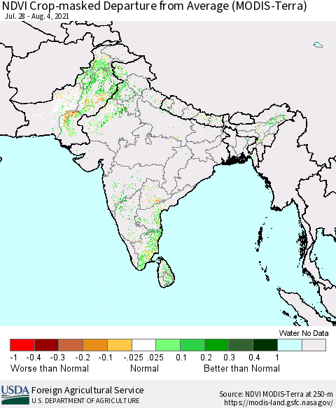 Southern Asia Cropland NDVI Departure from Average (Terra-MODIS) Thematic Map For 8/1/2021 - 8/10/2021