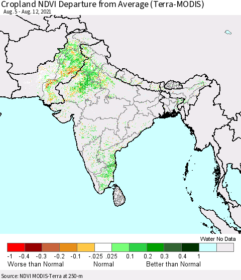 Southern Asia Cropland NDVI Departure from Average (Terra-MODIS) Thematic Map For 8/5/2021 - 8/12/2021