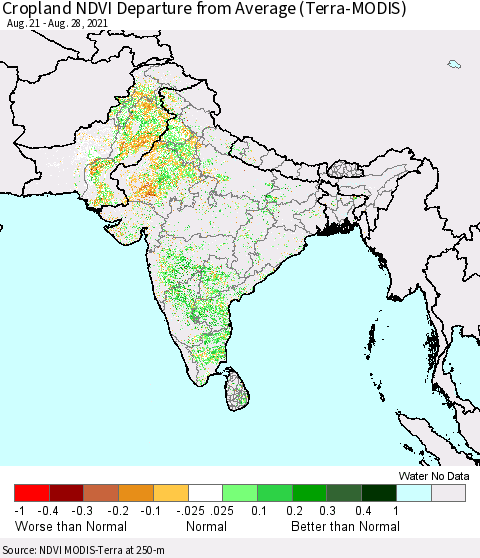 Southern Asia Cropland NDVI Departure from Average (Terra-MODIS) Thematic Map For 8/21/2021 - 8/28/2021